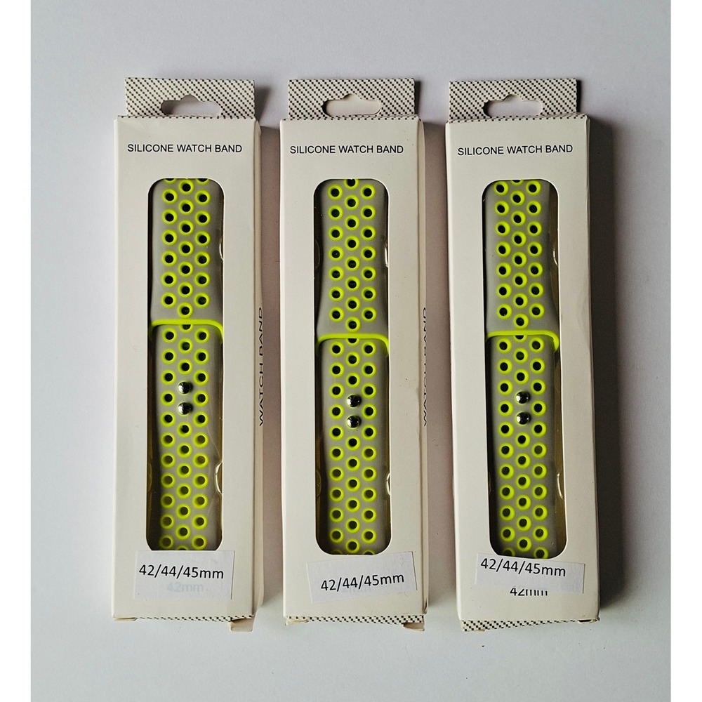 3 Pack Silicone Sport Watch Band 42 44 45mm Grey Yellow Perforated Strap Lot